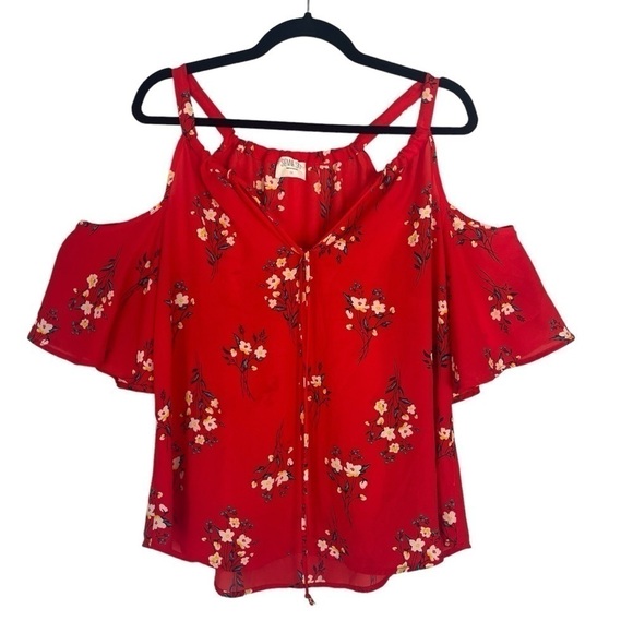 Sienna Sky Red Floral Cold Shoulder Blouse Size Medium - Picture 1 of 12